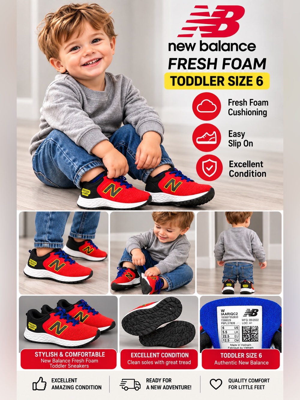 New Balance, Fresh Foam, toddler size 6, slip-on, and the bright red colorway
